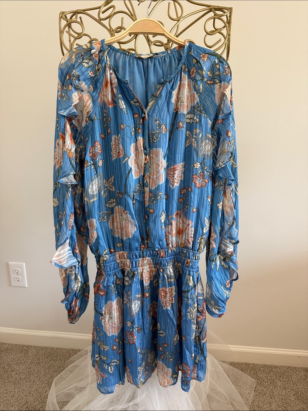 Ramy Brook Blue Floral Long-Sleeve Ruffle Dress